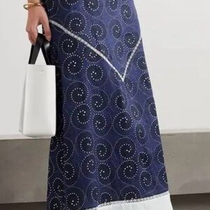 New *STAUD Kathleen Lace Trim Maxi Skirt Swirl Prints~Size:12~linen navy & white